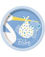 8 assiettes Baby-Shower cigogne bleu ciel - Ø 18 cm