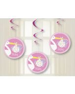 3 suspensions Baby-Shower cigogne rose