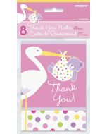 8 cartes de remerciement Baby Shower cigogne rose