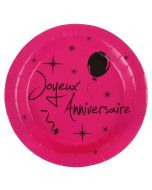 10 assiettes "Joyeux Anniversaire" fuchsia