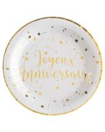 lot de 10 assiettes "Joyeux anniversaire" blanches et or 