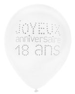 Lot de 8 ballons blancs "Joyeux Anniversaire 18 ans"