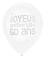 Lot de 8 ballons blanc "Joyeux Anniversaire 60 ans"