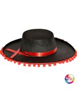 Chapeau espagnol noir à pompons rouges