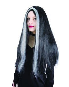 Perruque sorcière noire avec mèches blanches