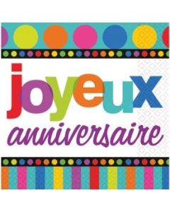 16 serviettes Joyeux anniversaire - pois et rayures