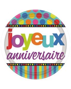 8 assiettes Joyeux anniversaire - pois et rayures