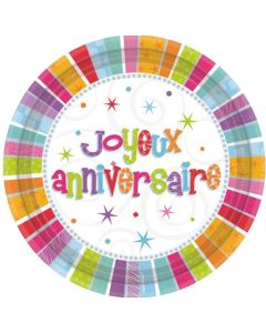 8 assiettes multicolores joyeux anniversaire