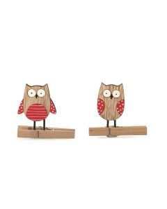 12 Pinces à linge hibou rouge bois