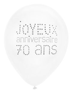 Lot de 8 ballons blancs Joyeux Anniversaire 70 ans