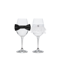 2 verres à vin – Nœud papillon et robe de mariée