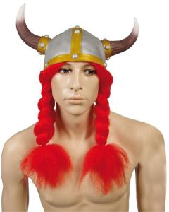 Casque de viking souple avec cornes longues et tresses rouges 
