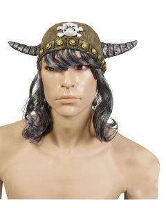 Casque de viking souple tête de mort avec cornes et cheveux gris