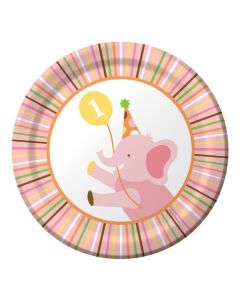 8 assiettes 1er anniversaire animaux fille - Ø 18 cm